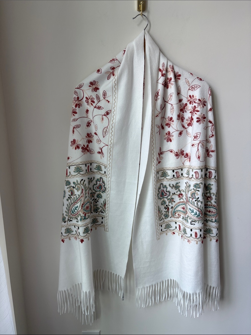 NWT La Seine Embroidered Shawl Wrap Scarf White Gold Green Rust Red 72" x 28.5"